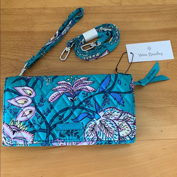 Vera Bradley Handbags - Vera Bradley RFID Wallet Crossbody Teal Floral "Peacock Garden" NEW